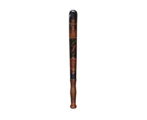 A Victorian painted wood special constable's truncheon, painted and gilt with royal crown above V. R cypher and foliate borde