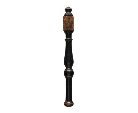 A George IV carved wood and dated West Country truncheon of bannister form, the square section head painted in black with G R