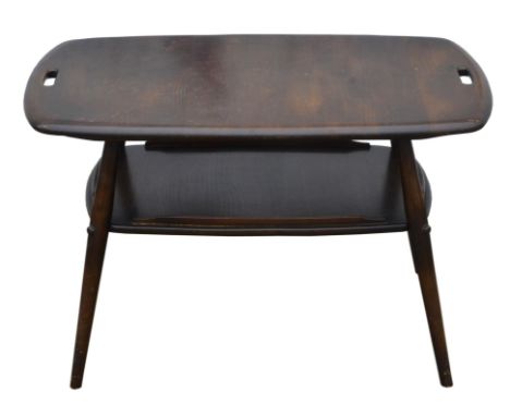 Ercol, rectangular coffee table with pierced handles, with undertier shelf stretcher, elm and beech, 45cm high x 71.5cm wide 