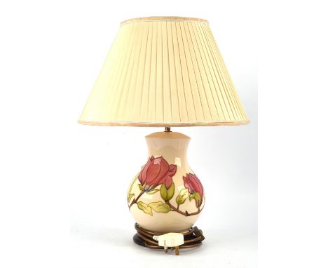Moorcroft, baluster shaped table lamp (shape L869/9.5) in the Pink Magnolia design on Ivory ground with shade, height includi