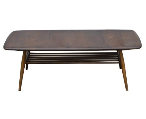 Ercol, rectangular coffee table, with turned bar undershelf, elm and beech, 37cm high x 104cm wide x 44cm deep