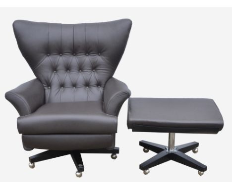 G Plan Vintage, a model 62 brown leather swivel armchair, with an ottoman, with retailers labels, the chair 106cm high x 94cm