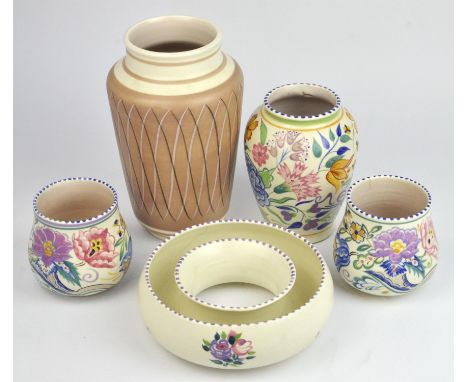 Poole Pottery, vase, 1950s, freeform, PRB pattern, underside marked E/D PRB, H 22.5cm, together with two Poole Pottery vases,