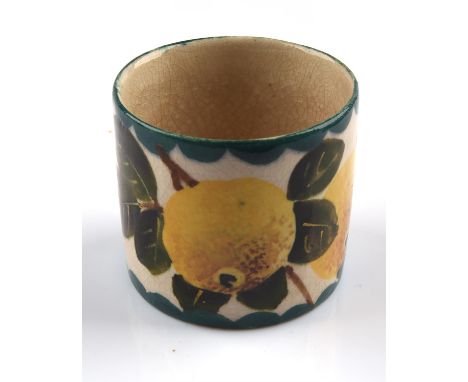 Wemyss Ware preserve jar, decorated with citrus fruit, lacking lid, painted maker's mark Wemyss to base, 5cm high