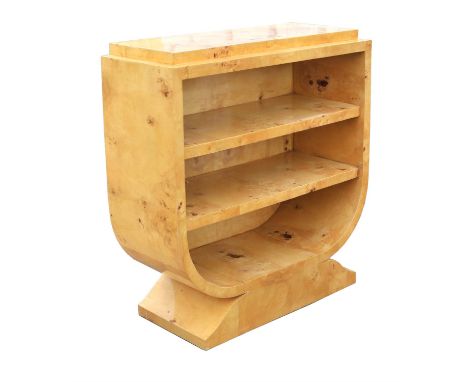 Unknown Designer, burr maple open bookcase, with two shelves, on pedestal base, 105.5cm high x 99.5cm wide x 39.5cm deepCondi