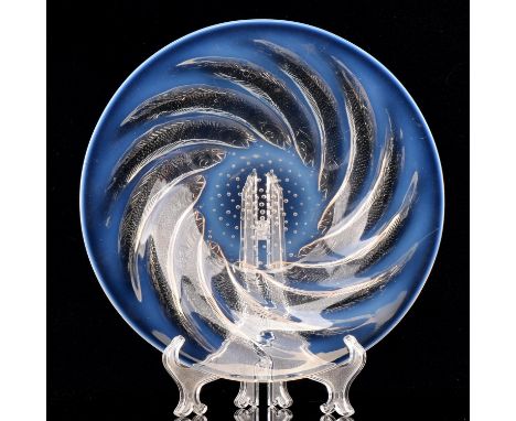 Rene Lalique (French, 1860-1945),  " Poisson " , a glass opalescent decorated bowl with radiating fish around bubbles to the 