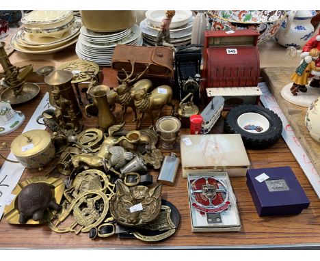 HORSE BRASSES AND OTHER BRASS WARES, VINTAGE CAMERAS, A TOY CASH TILL, JAGUAR  DRIVERS CLUB CAR BADGE, ETC.