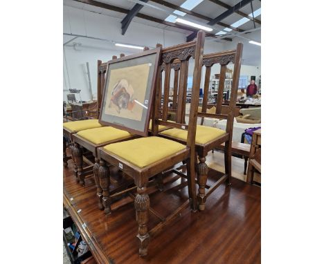 A SET OF SIX VINTAGE OAK HIGH BACK DINING CHAIRS WITH MUSTARD YELLOW DROP IN SEATS