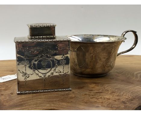 HALLMARKED SILVER TO INCLUDE A TWO HANDLED PORRINGER, AND A REGENCY STYLE SQUARE TEA CADDY DATED 1907, CHESTER. GROSS WEIGHT 