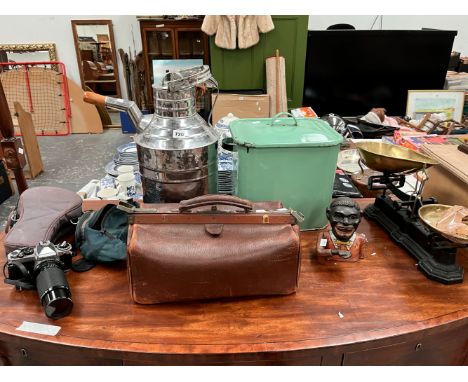 TWO BALANCE SCALES, AN ENAMEL BREAD BIN, A GLADSTONE BAG, KITCHEN SCALES, A CAST IRON FIGURAL MONEY BOX, ETC.