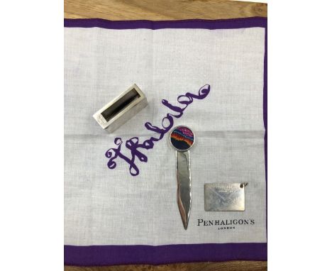 A PENHALIGON'S 925 STAMPED ENVELOPE TAG, TOGETHER WITH A BRANDED HANKIE SQUARE, A HALLMARKED MATCHBOX COVER AND A SILVER LETT