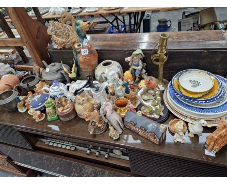 BIRD AND OTHER CERAMIC FIGURES, AN ELECTROPLATE 3 PIECE TEA SET, A CHINESE GINGER JAR TOGETHER WITH VARIOUS PLATES