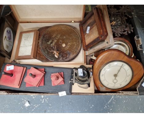 VARIOUS POLYPHON DISKS, A VINTAGE KODAK CAMERA SHUTTER AND LENS, CLOCKS, PHOTOGRAPHS ETC.