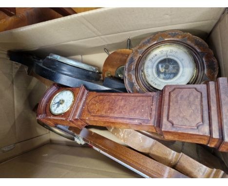 VARIOUS WALL BAROMETERS AND A MINIATURE LONG CASED CLOCK