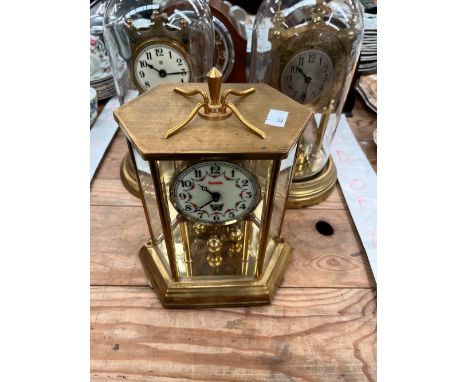FIVE VARIOUS MANTEL CLOCKS, TO INCLUDE TWO UNDER DOMES WITH ROTARY PENDULUMS