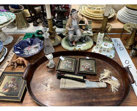 A PAIR OF BRASS CANDLESTICK TABLE LAMPS, A MAHOGANY TRAY, TWO MALACHITE BOXES, A CAPODIMONTE AND OTHER FIGURES