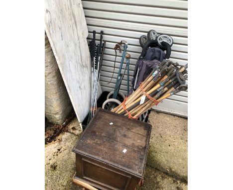 GOLF CLUBS, DRAIN RODS, A COMMODE AND OTHER ITEMS