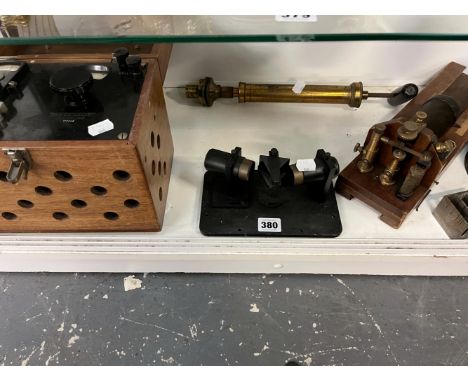 A VINTAGE REFRACTION PRISM, A POTENTIOMETER, A VACUUM PUMP AND OTHER SCIENTIFIC APPARATUS. 