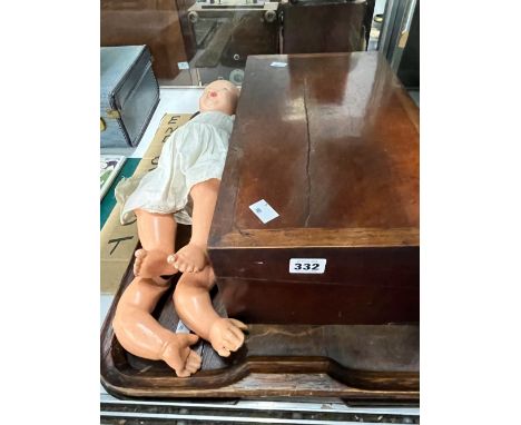 A VICTORIAN MAHOGANY BOX, AN OAK TEA TRAY AND A VINTAGE DOLL. 