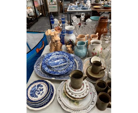 TWO SYLVAC TERRIERS, PRICE AND OTHER CERAMIC JUGS, GLASS WARES, SPODES ITALIAN AND OTHER BLUE AND WHITE WARES, ETC.
