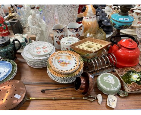 AN OIL LAMP, A FIGURE OF SHAKESPEARE, RIBBON PLATES, TILES, A COPPER CHESTNUT ROASTER, ETC.