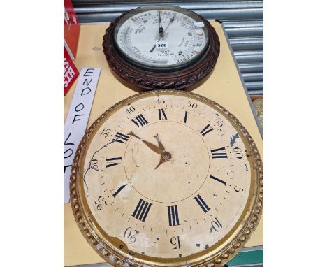 A MAHOGANY CASED ANEROID BAROMETER TOGETHER WITH A BATTERY OPERATED WALL CLOCK WITH A PAINTED FACE