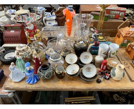 A BRASS TABLE LAMP, A GLASS LUSTRE CANDLESTICKS, A SHIP IN A BOTTLE, COALPORT AND OTHER FIGURES, A BAVARIAN COFFEE SET, ETC.