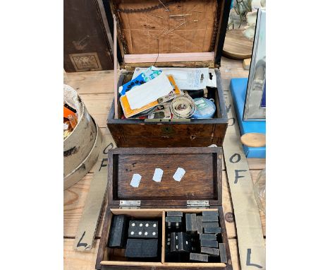 A VINTAGE BOXED PART DOMINOE SET TOGETHER WITH A VICTORIAN WALNUT SEWING BOX AND CONTENTS
