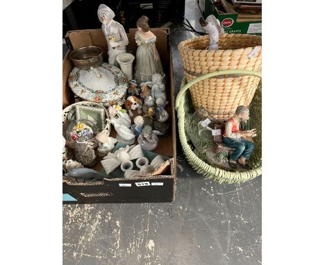 CERAMIC FIGURES, TWO BASKETS, WEDGWOOD GREEN JASPER WARES, ETC.
