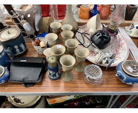 AN ANGLE POISE LAMP, A CLIP ON TABLE LAMP, BLUE JASPER WARES, A STUDIO POTTERY DRINKING SET, ETC.