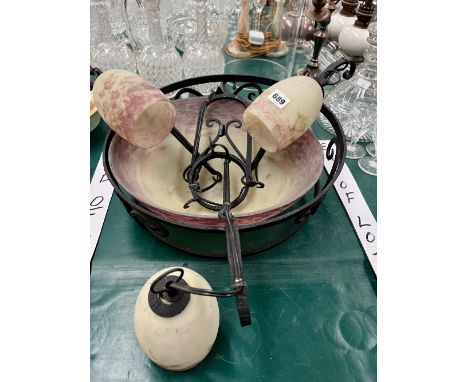AN EARLY 20th C. FRENCH WROUGHT IRON AND MAUVE SPLASHED LEMON GLASS THREE LIGHT CEILING DISH