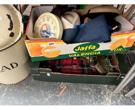 HATS, BLANKETS, A CLOCK, AN ENAMEL BREAD BIN, A RADIO, ETC.