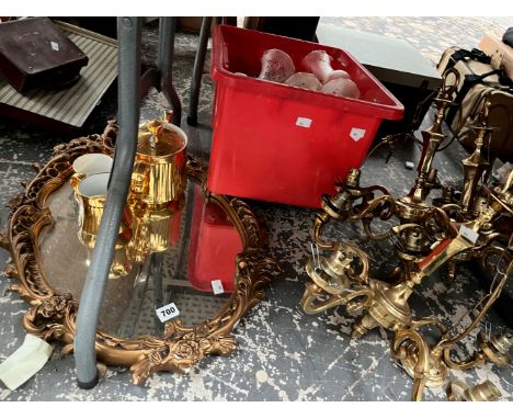 TWO BRASS 5 LIGHT CHANDELIERS, A GILT FRAMED MIRROR, A GILT PORCELAIN 3 PIECE TEA SET, ETC.