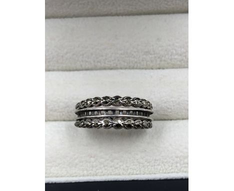 A CONTINENTAL 935 GRADE SILVER FOB WATCH COMPLETE WITH KEY, LEATHER STRAP AND TBAR, TOGETHER WITH A SILVER AND MARCASITE RING