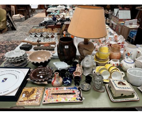 STUDIO POTTERY, A TABLE LAMP, ROYAL STAFFORDSHIRE YELLOW TEA WARES, A JELLY MOULD AND JUGS