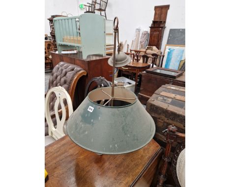A VINTAGE THREE LIGHT CEILING LAMP WITH PAINTED SHADE.