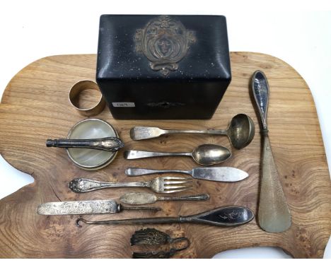 HALLMARKED SILVER TO INCLUDE GEORGIAN SCOTTISH SMALL LADLE, A NAPKIN RING, A BUTTER KNIFE, TEASPOON, CHRISTENING KNIFE AND FO