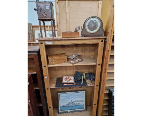 A VINTAGE SCIENTIFIC COPPER AUTOCLAVE, A PRISM, A MANTEL CLOCK, CHAIN MEASURE, MONOLPY GAME AND A ANTIQUE INLAID BOX ETC