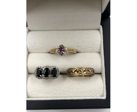 TWO DIAMOND AND GEMSET 9ct HALLMARKED GOLD DRESS RINGS, TOGETHER WITH A GEMSET 9ct HALLMARKED FULL ETERNITY RING. GROSS WEIGH