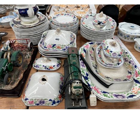 A COPELAND FLORAL BORDERED DINNER SERVICE, A LOCOMOTIVE RADIO AND A MODEL TRACTOR DRAWN HARROW