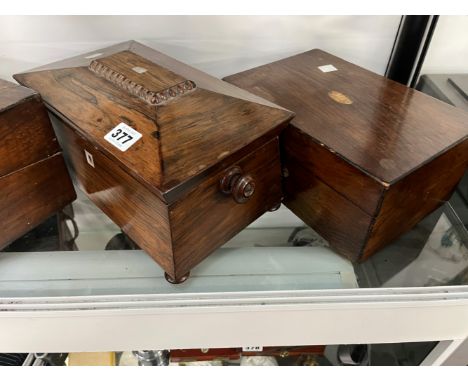 A WILLIAM IV ROSEWOOD TEA CADDY, AND TWO VICTORIAN BOXES. 