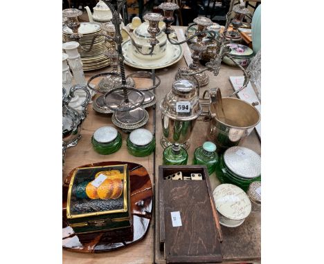 A PAIR OF ELECTROPLATE CANDELABRA, A COCKTAIL SHAKER, TWO DECANTER CRADLES, DRESSING TABLE GLASS, A DOMINO SET, ETC.