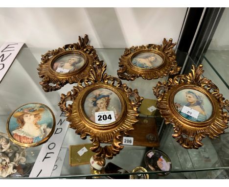 AN ANTIQUE BRASS FRAMED MINIATURE PORTRAIT TOGETHER WITH FOUR FURTHER FLORENTINE FRAMED EXAMPLES. 