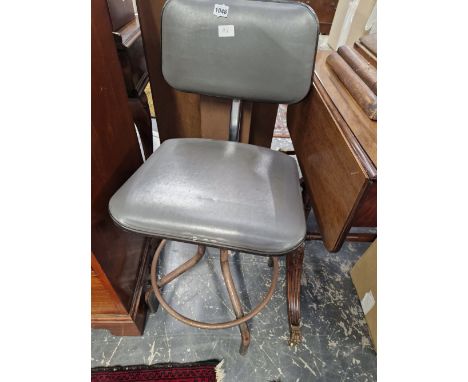 A VINTAGE INDUSTRIAL SWIVEL STOOL AND A TALL PINE BOX.