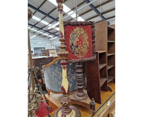 A DECORATIVE PAINTED STANDARD LAMP AND POLE SCREEN
