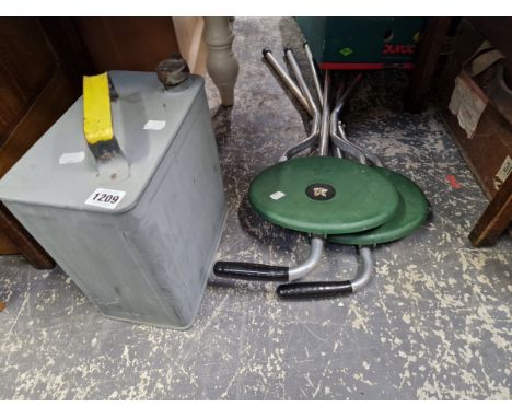 TWO FOLDING SHOOTING STICKS AND A VINTAGE FUEL CAN