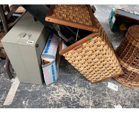 BASKETS, A TIN TRUNK, A WOODEN FACED BATTERY CLOCK, A WOODEN LABYRINTH GAME, ETC. 