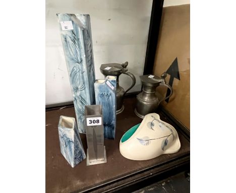 A BURLEIGH WARE WALL POCKET, THREE CARN POTTERY VASES AND RENNIE MACKINTOSH STYLE PEWTER VASE, AND TWO TANKARDS. 