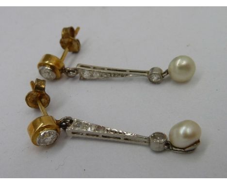 A pair of Art Deco diamond, white stone and pearl drop earrings, length 3cm