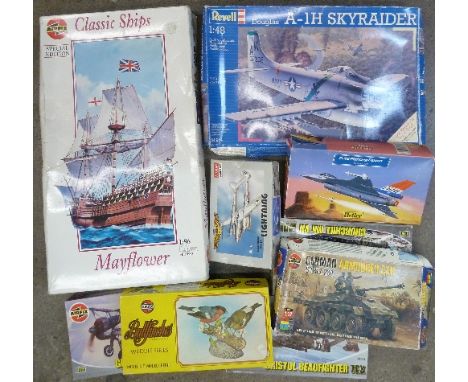 Nine Airfix and other model kits including military aircraft